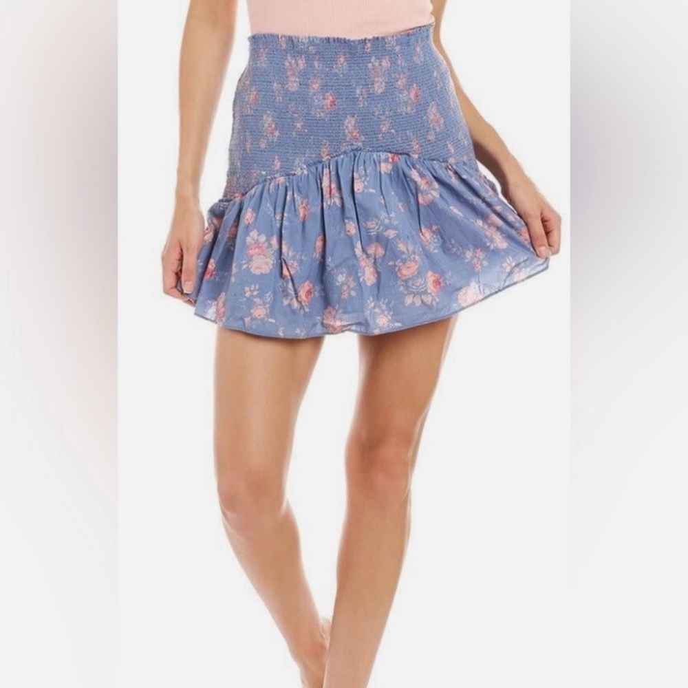 LoveShackFancy Blue Floral Smocked Mini Skirt with Pink Roses